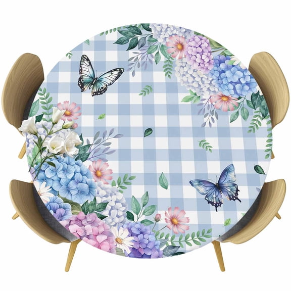 Watercolor Flowers Round Tablecloth, Fitted Table Cover with Elastic for 55"-60" Round Tables, Spring Floral Butterflies Blue Plaid Table Cloth Outdoor Indoor Dinning Party Waterproof Tablecloths