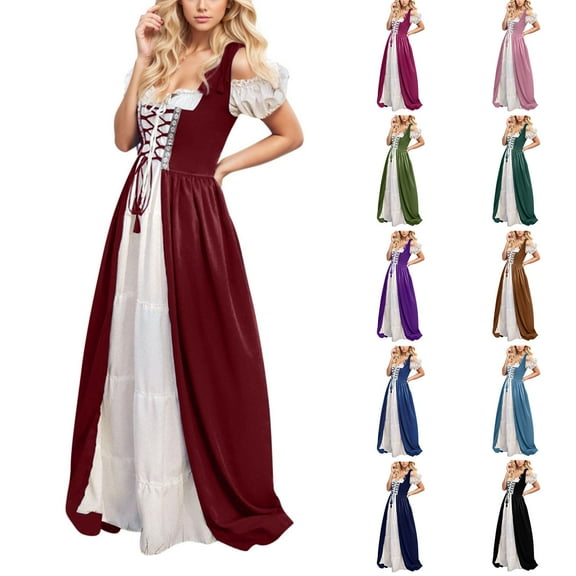 LOVZFMLL Renaissance Costume for Women Medieval Vintage Pirate Dress Lace Up Puff Sleeve Maxi Dress Halloween Masquerade Party Outfit