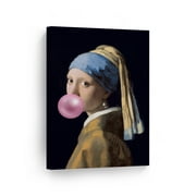 Smile Art Design Johannes Vermeer's Masterpiece Girl with a Pearl Earring Pink Bubble Gum Art CANVAS PRINT Famous Painting Wall Art Classic Art Home Decor Stretched Ready to Hang Made in USA 36x24