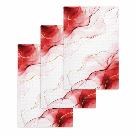 Marble Red Kitchen Dish Towels for Drying Dishes Set of 3, Gold White Modern Gradient Ocean Wavy Ripple Waffle Weave Microfiber Hand Tea Bathroom Towels Quick Dry & Absorbent Towel 15.7x23.6