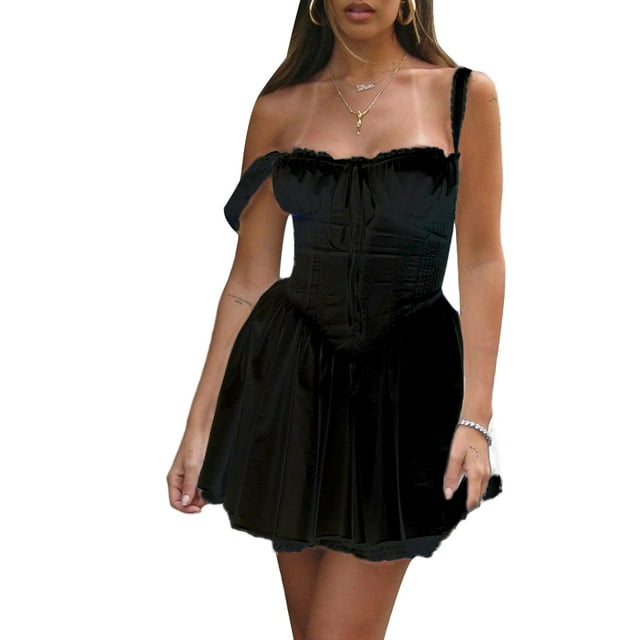 Fortune Femmes Fluide Mini Robe Sans Manches Cou Carré une Ligne Débardeurs Robes