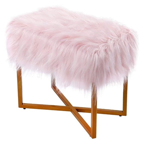 Rectangular Pink Faux Fur Foot Stool Ottoman with Legs - Vanity Chair - Soft Compact Padded Seat - Bedroom and Chair - Metal - Fluffy Makeup Seat Furniture