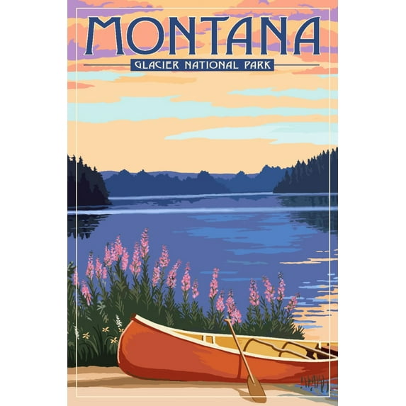 Glacier National Park, Montana, Canoe and Lake (12x18 Wall Art Poster, Room Decor)