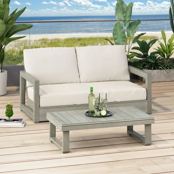 Christopher Knight Home Outdoor Loveseat and Coffee Table Set, Light Gray Wood Frame with Beige Cushions