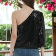 thumbnail image 2 of Women's Summer Sparkle Sequins One Shoulder Top Blouse Cocktail Casual Glitter Sequined T-Shirt Tops- Large,Black, 2 of 5
