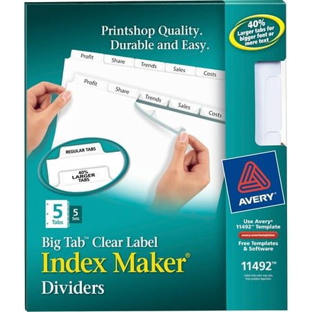 Avery Print &amp; Apply Clear Label Dividers w/White Tabs, 5-Tab, Letter, 5 ...