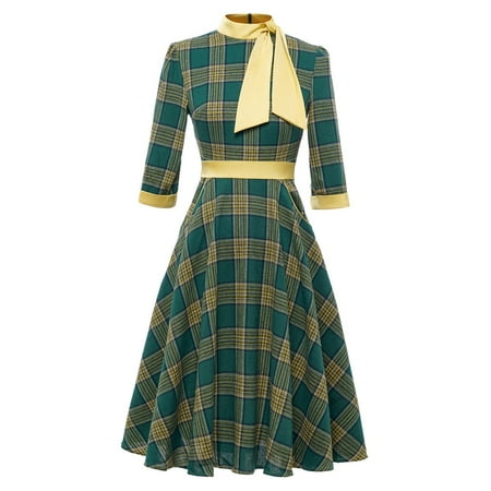 Dresses For Women 2022 Autumn And Winter Plaid Turtleneck Green Seven Quarter Sleeve Dress With Large Hem