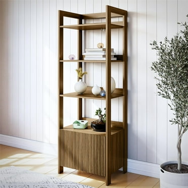 Mainstays Fluted Narrow Bookcase with 4 Shelves and Drawer, Natural Teak