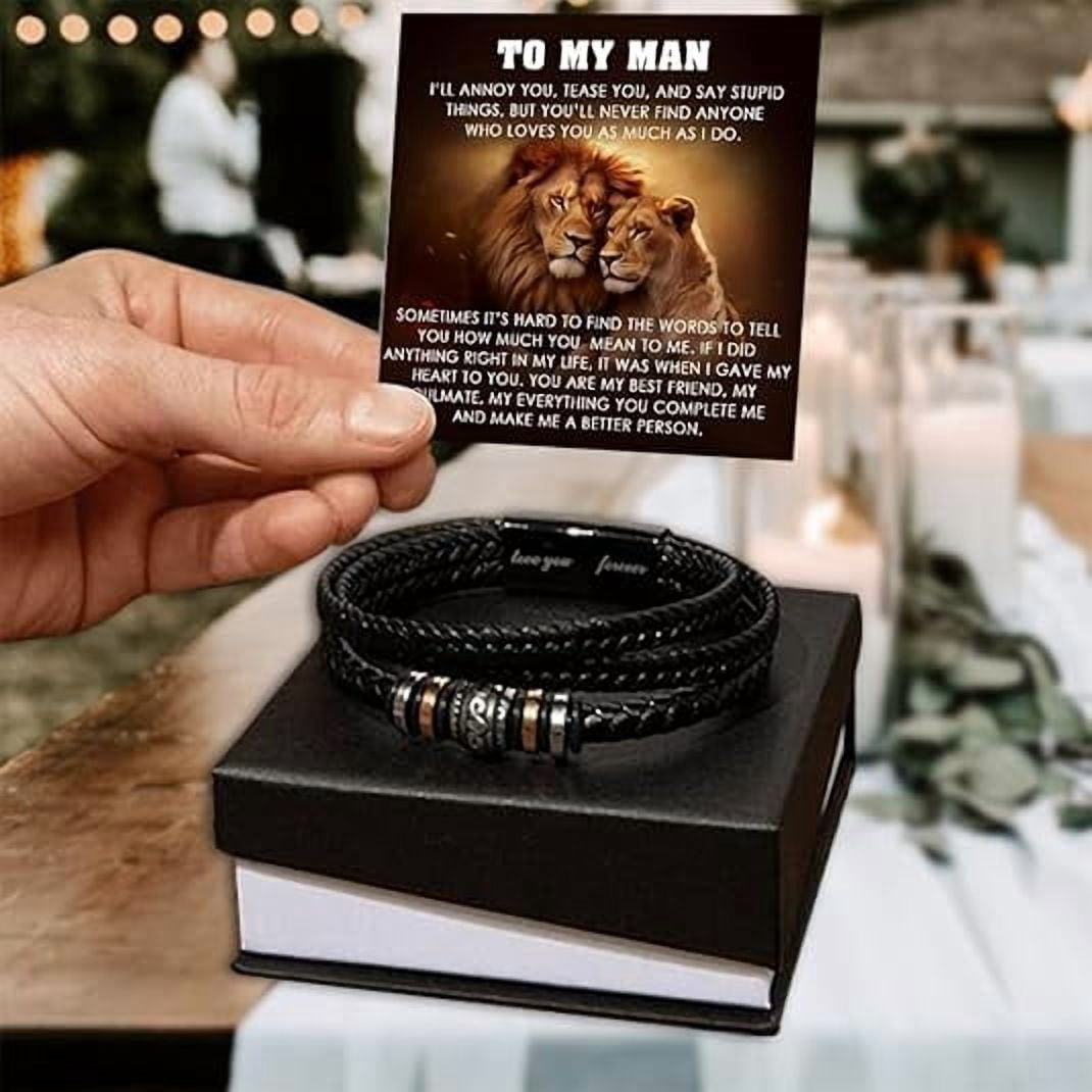 Leather Bracelet for Men, Birthday Gift for Boyfriend from Girlfriend with Message Card and Gift Box, To My Men Bracelet, Anniversary Gift for Husband from Wife, Bracelets for Man