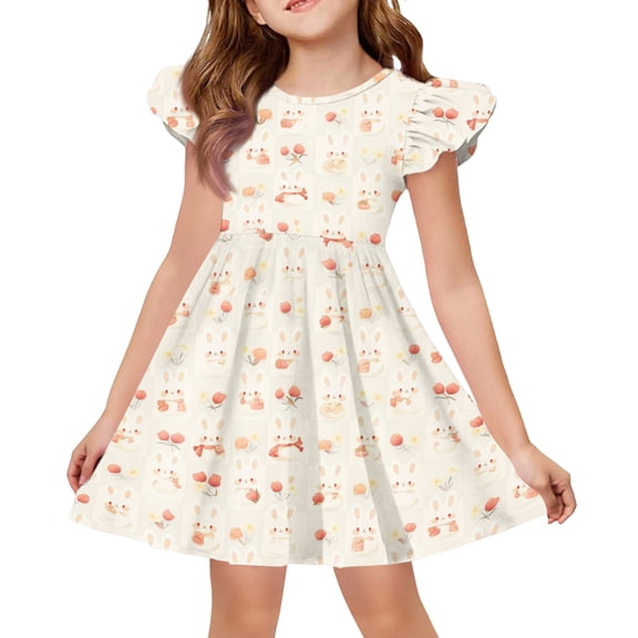 YOUYEDIAN Easter Girls Midi Dress Teen Summer Flutter Sleeve Dress Casual Buuny Rabbit Print Crewneck Princess Dress (Beige, 6-7 Years)