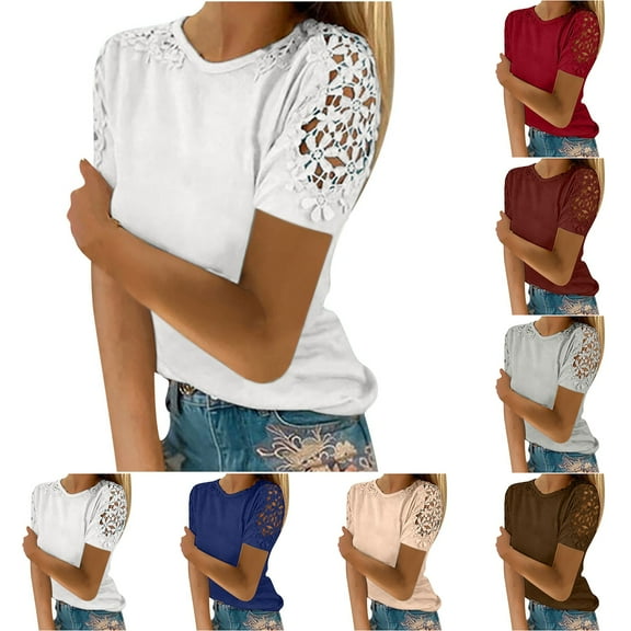Fesfesfes Women Plus Size Workout Clothing Ladies Solid Short Sleeve Shirts Round Neck Pullover Lace Tops Blouse Tee L(US:8)