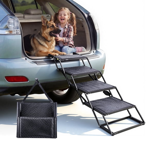 VEVOR Dog Stairs for Car, 4 Steps Extra Wide Foldable Dog Ramp for Large Dogs with Non-Slip Surface, Portable Lightweight Pet Stairs Ladder for Car, SUV, Truck, High Bed, Sofa, Support up to 250 lbs