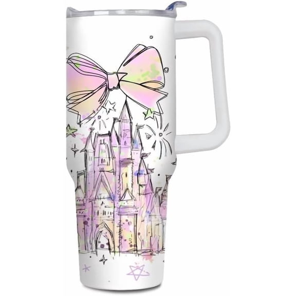 Cartoon Castle 40 oz Tumbler, Tumblers with Lids and Straws, Insulated Cup Stainless Steel Bow Travel Mug, Gifts for Women