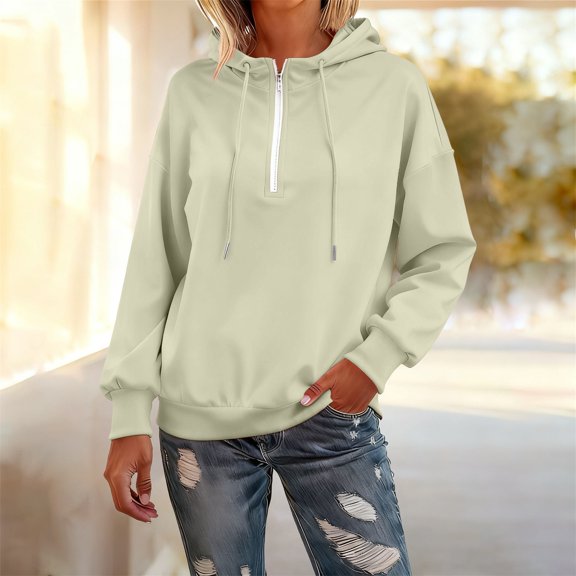 Women's Quarter Zip Hoodie, Soft Pullover Sweatshirt with Adjustable Hood, Long Sleeve Casual Streetwear for Everyday, Solid Color Comfortable Hooded Top for Women, Trendy Zip Up Design Beige