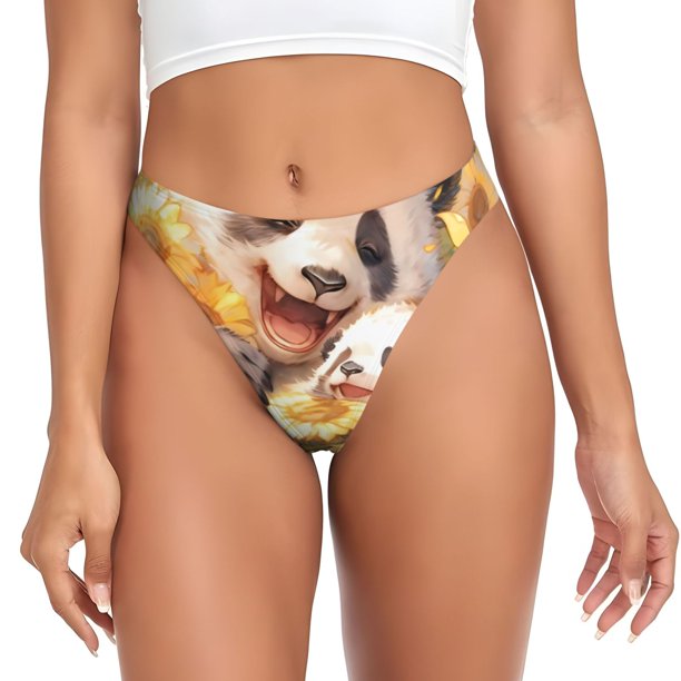 Balery Cute Panda Sunflower Tangas de Algodón para Mujer con Estampado – Ropa Interior Sexy, Transpirable, G-string-Medium
