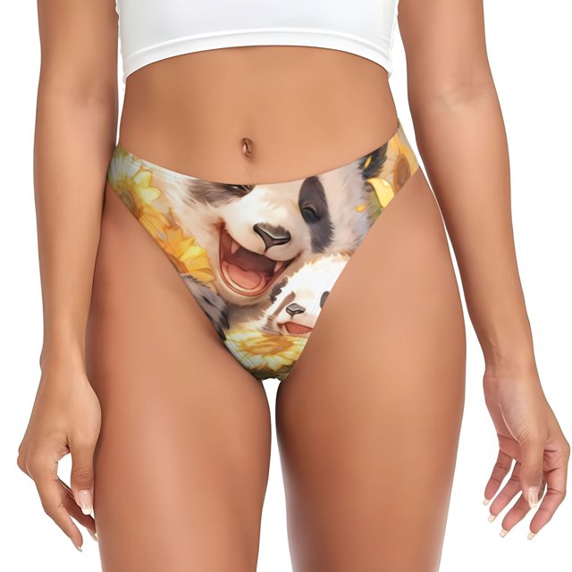 Balery Cute Panda Sunflower Tangas de Algodón para Mujer con Estampado – Ropa Interior Sexy, Transpirable, G-string-Large