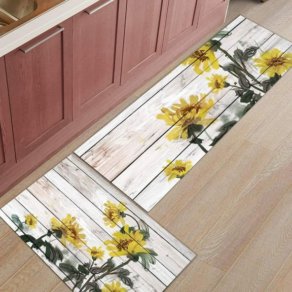 Sunflower Floral Kitchen Rug Set 2 Piece, Non Slip Kitchen Rugs and Mats Cushioned Anti Fatigue Kitchen Floor Mat Comfort Standing Kitchen Mat Set Sunflower on Retro Wooden Board
