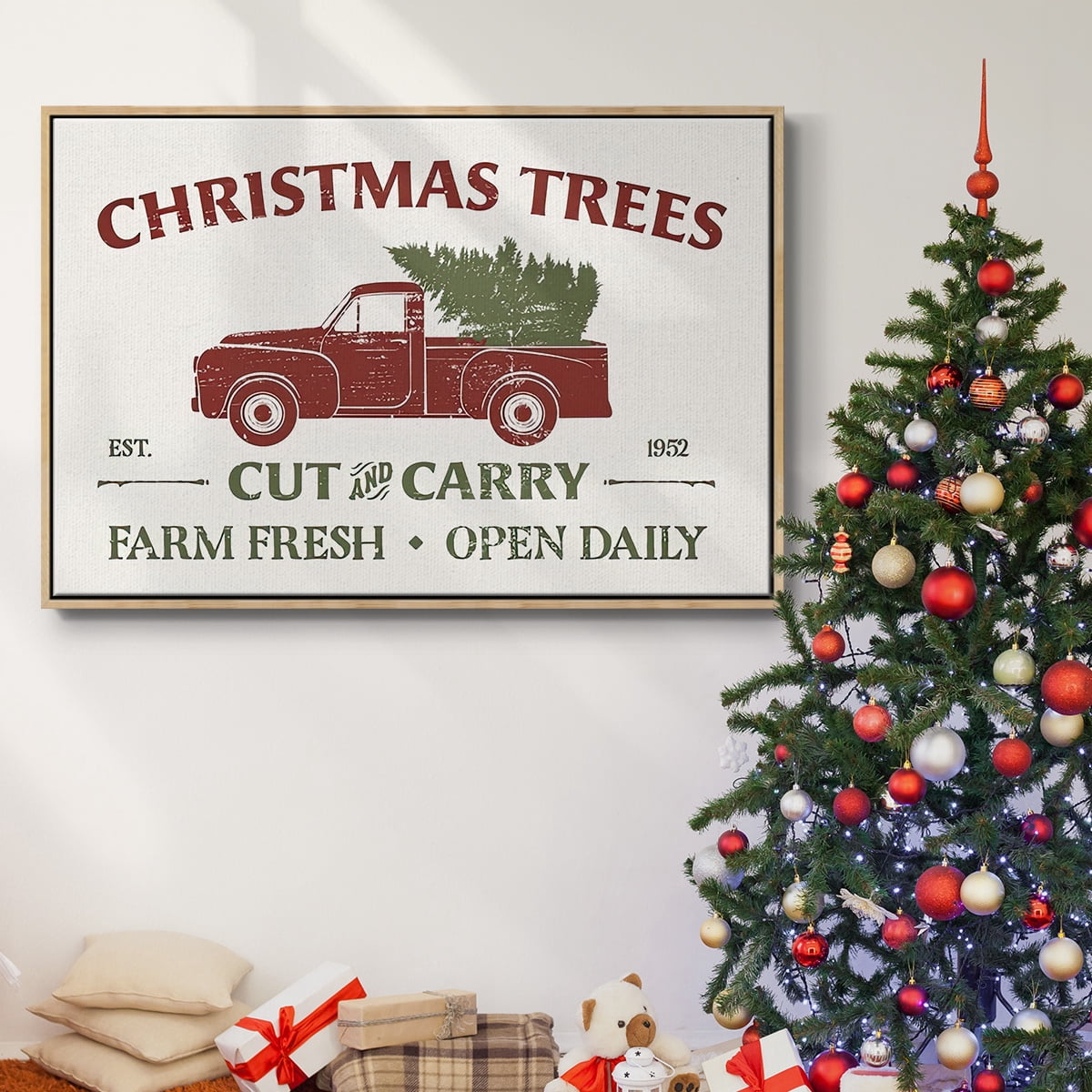 Christmas Farm Sign Collection A - Framed Gallery Wrapped Holiday Canvas - 25 x 37 - Natural Wood Frame