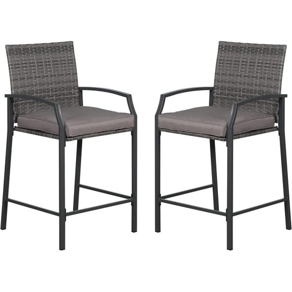 JOIVI Outdoor Wicker Bar Stools Set of 2, Patio Rattan Counter Height Chairs with Cushions, Armrest and Footrest for Indoor, Garden, Poolside, Lawn, Backyard