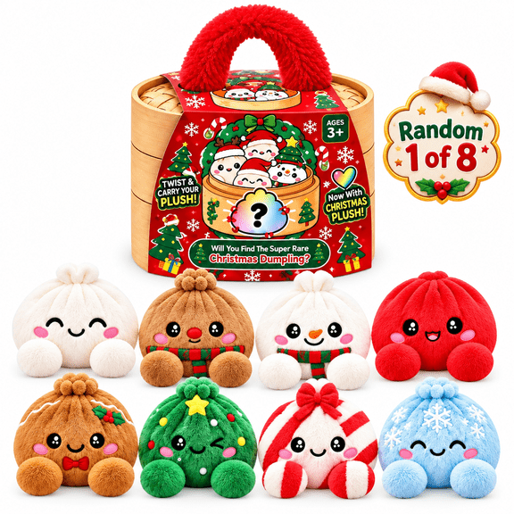 Random 1 of 8 Christmas Mystery Dumpling Plush Toy, 5.91" Cute Squishy Stuffed Fidget with Steamer Basket & Fuzzy Handle