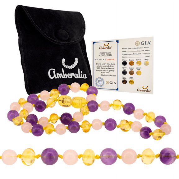 Amberalia knotted Baltic Amber Necklace with Amethyst, GIA Certificated - for natural remedies - Boost immune System - Lemon-Quartz-Amethyst 12.5”