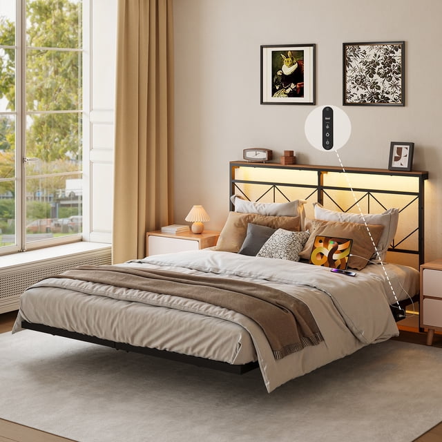 Fabato Base Cama Queen Size Flotante con Cabecera Integrada con Luces LED - Cabecera Queen Moderna Estilo Geométrico - Base para Cama Queen Size Fácil de Armar con Carga USB