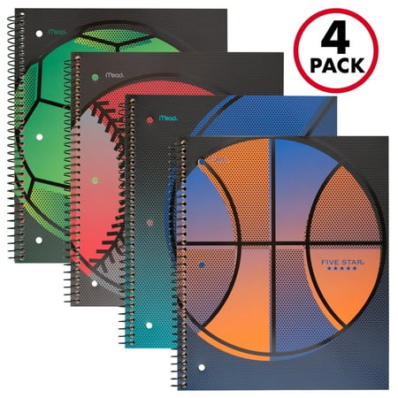 Five Star Sports Wirebound Notebook, 1 Subject, Wide Ruled, 10 1/2" x 8", Assorted, 4 Pack (38167)