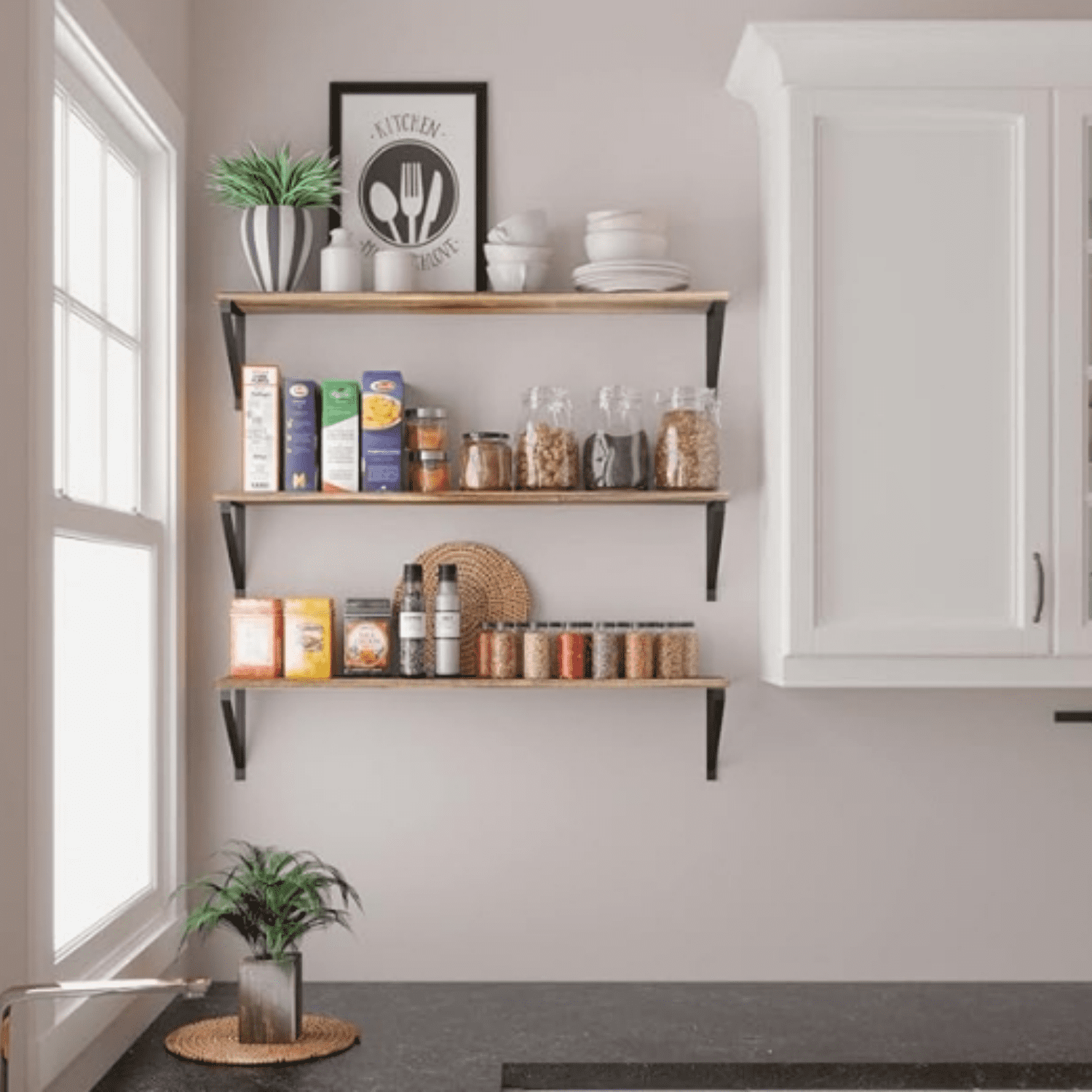 Bora 36 Inch Large Floating Shelves for Wall Storage, Floating Bookshelf Set of 3, Burned Wood Wall Shelves for Books
