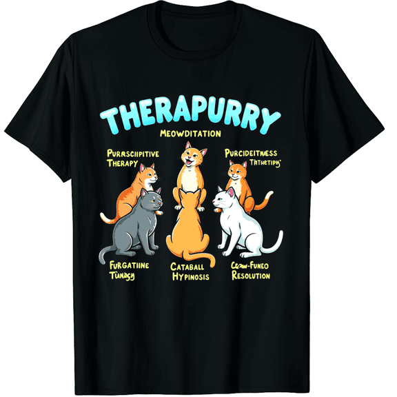Therapurry Funny Cat Lover Therapy Cat Puns Mental Health Graphic Black T-Shirt for Men and Women