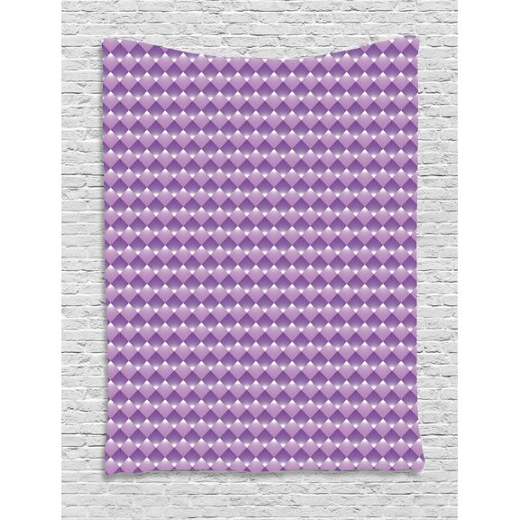 Geometric Tapestry, Rhombus Checks Pattern with Rays Design Abstract Ornamental Shapes, Wall Hanging for Bedroom Living Room Dorm Decor, 40W X 60L Inches, Purple Lavender and White, by Ambesonne