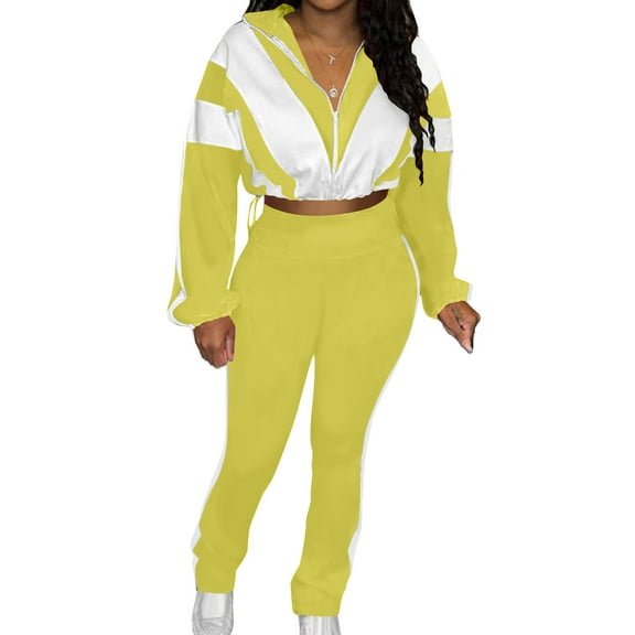 Women Sports 2 Piece Set Front Zip Lapel Color Block Cropped Jackets High Waist Pants Casual Stylish Sweatsuits (XL, Yellow)