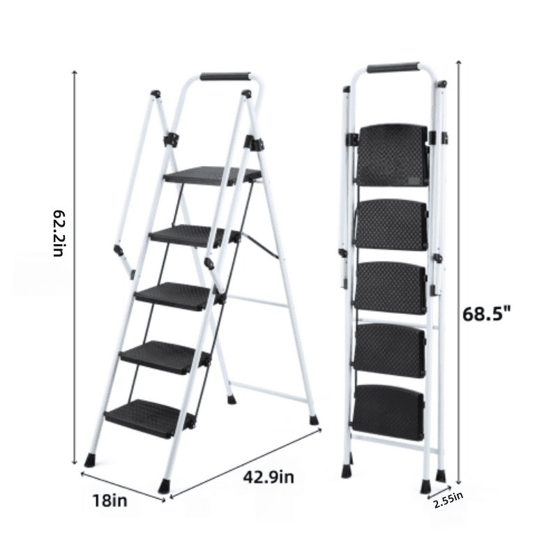 5-Step Folding Ladder Stool, 330 LBS Capacity Lightweight Steel Ladder with Wide Non-Slip Pedals & Sponge Safety Handle, Foldable Portable Step Ladder for Home Kitchen Office