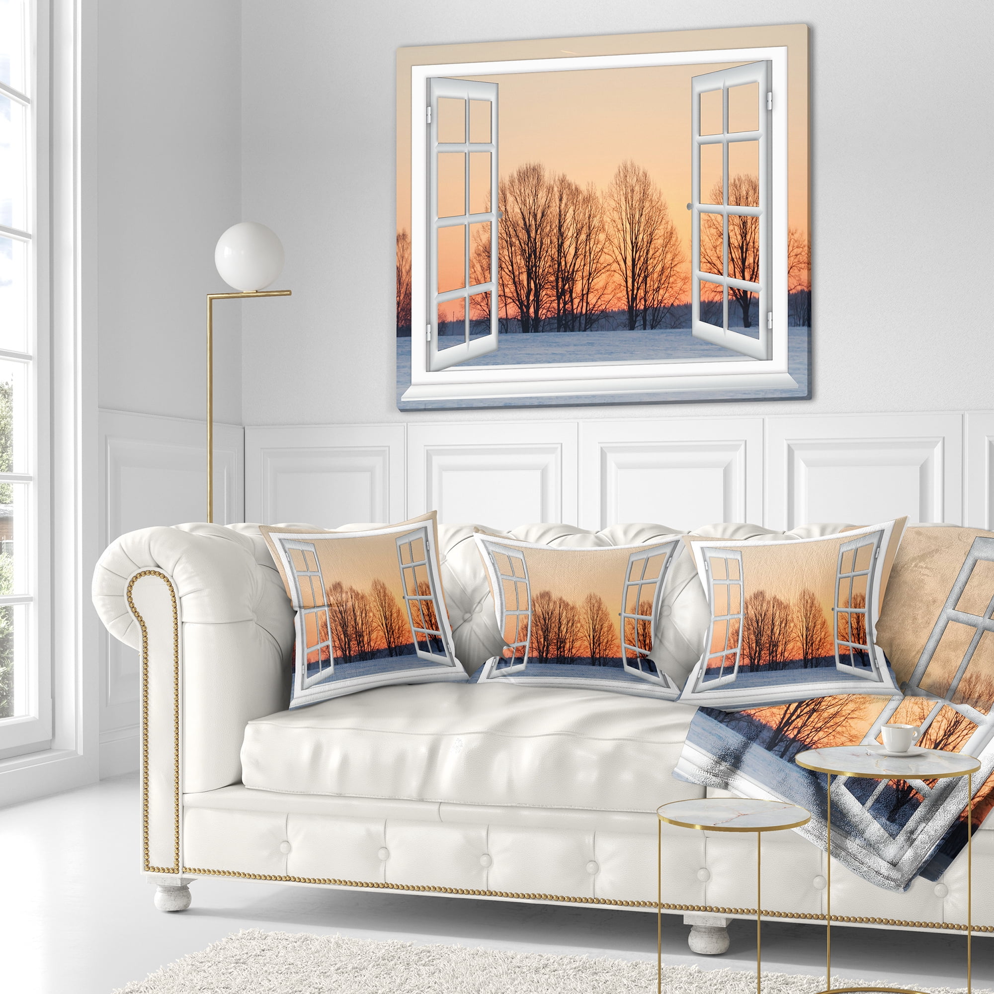 Designart Open Window to Snowy Sunset - Landscape Printed Throw Pillow - 16x16