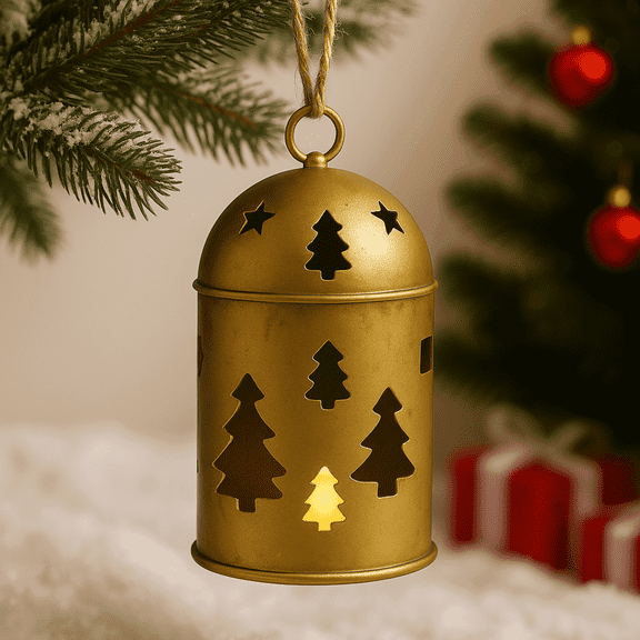 Satyankit Gold Metal Hanging Lantern with Tree Cutout, Candle Holder