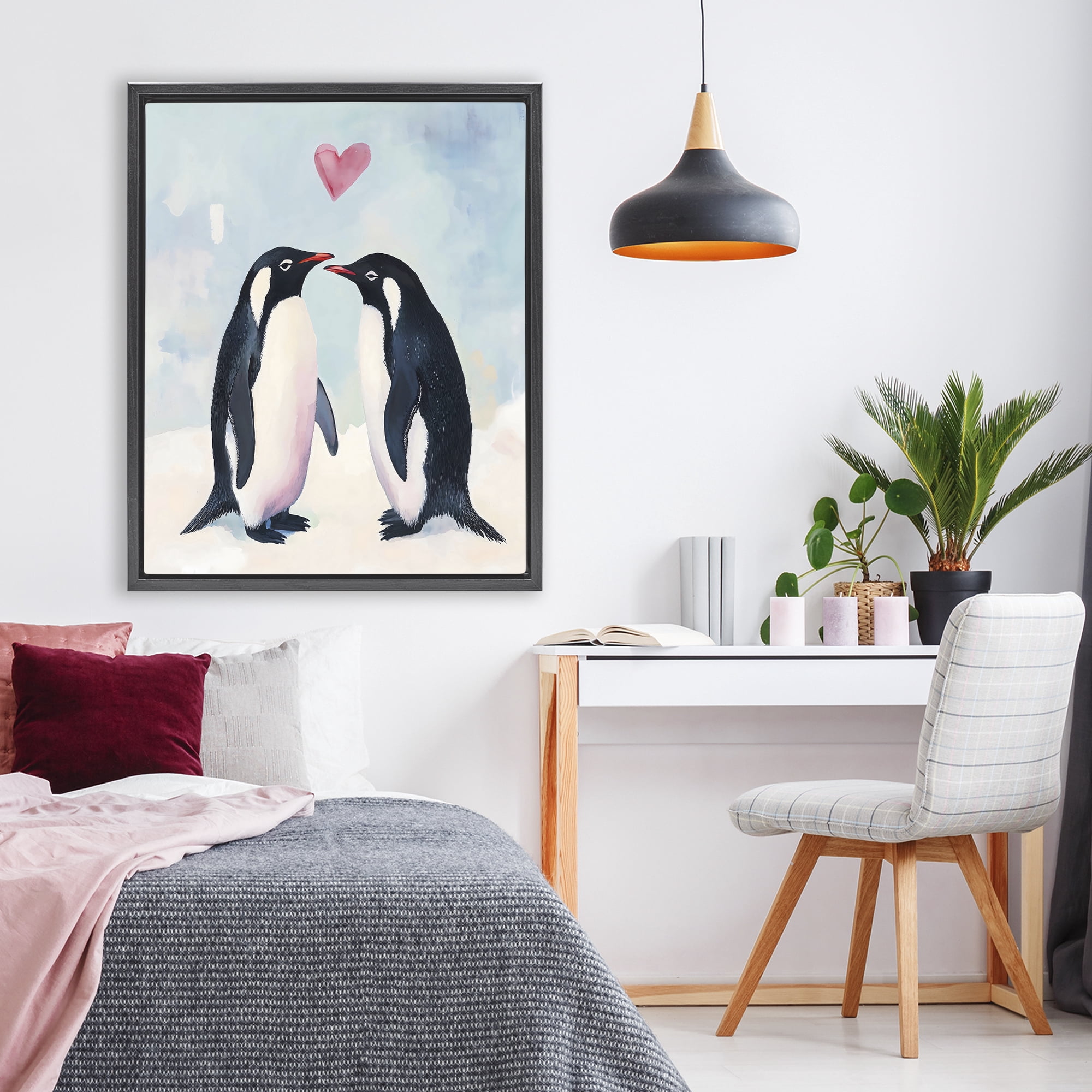 Stupell Industries Penguin Love with Heart Black Framed Floater Canvas Wall Art, design by The Prints Vibe