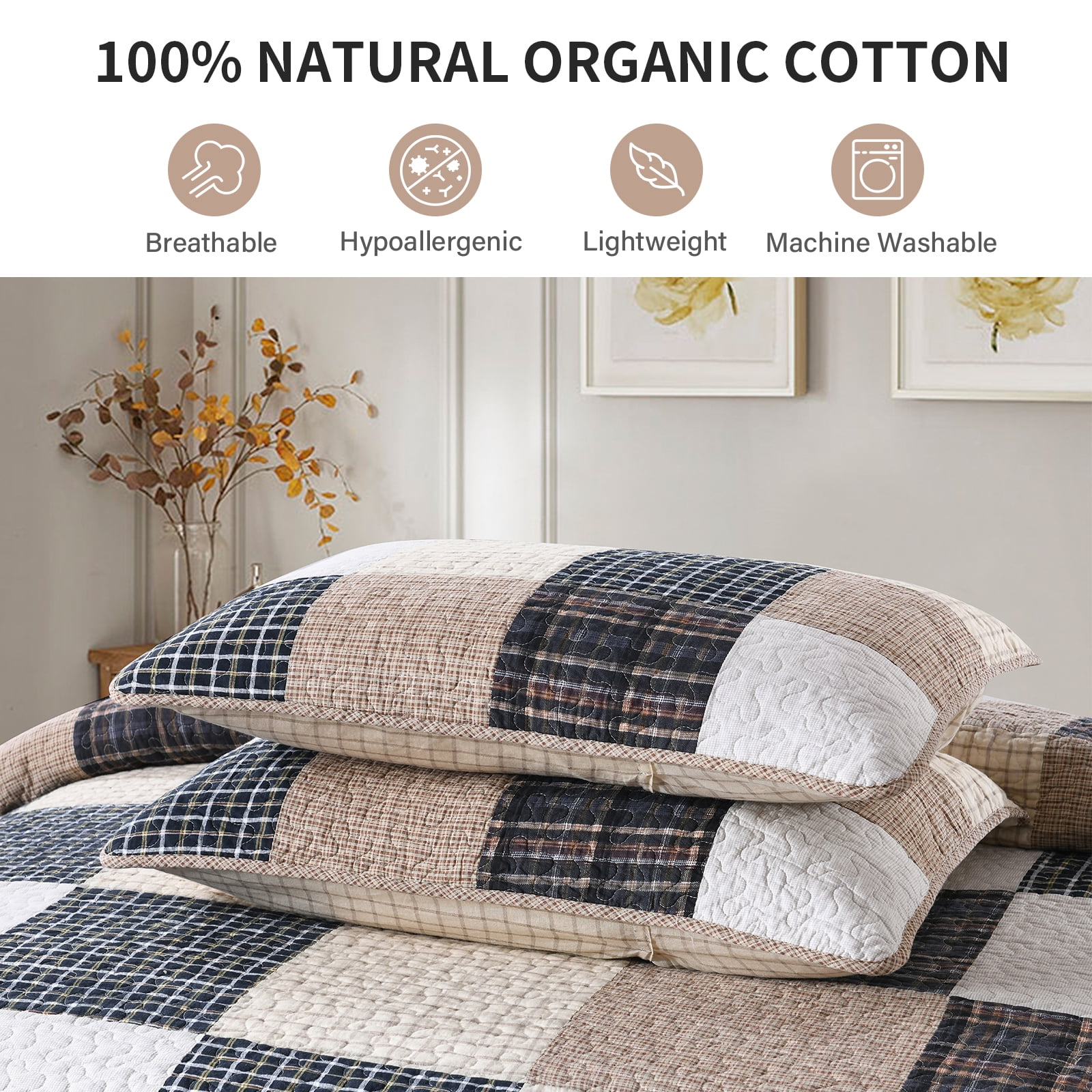 DDUOXIN Real Patchwork Plaid Cotton Quilt - 100% Cotton King Size Quilt, Lightweight Brown Black Beige Rustic Quilts Bedspread for King Bed, Neutral Reversible Coverlet/Comforter Set, 3 Piece, 98x106