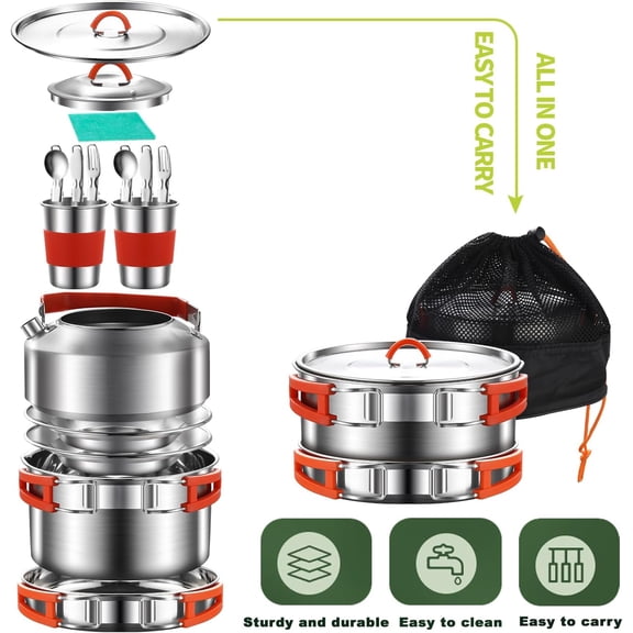 304 Stainless Steel Camping Cookware Set - Mess Kit with Pots, Pans, Kettle, Plates, Forks, Knives, Spoons for 2 People, Perfect for Camping, Picnic, RVs