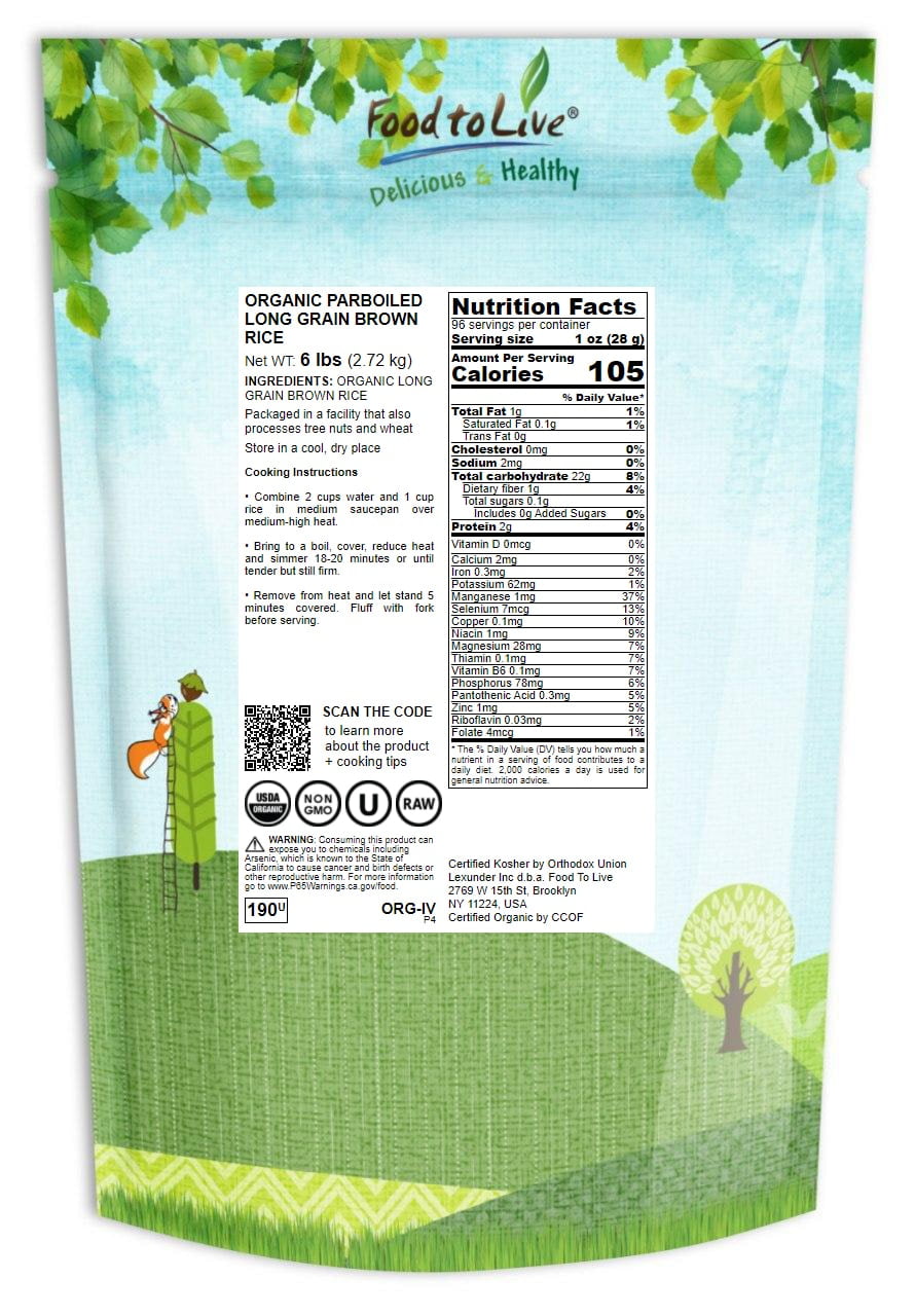 Organic Parboiled Long Grain Brown Rice, 6 Pounds — Non-GMO, Kosher, Vegan — by Food to Live