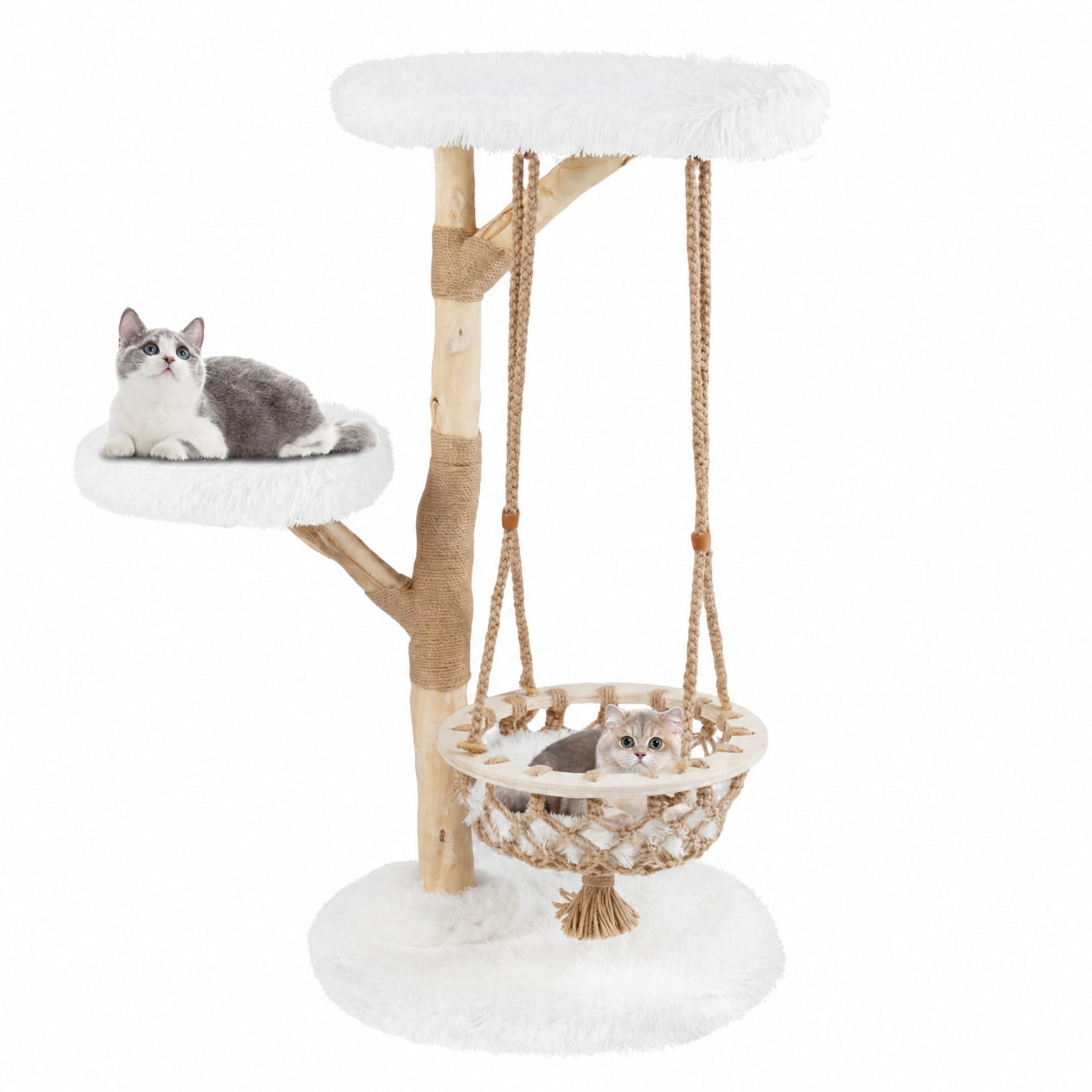 SUGIFT 48.5 Inch Solid Wood Cat Tree with Hanging Cradle, Tall Modern Cat Tree Tower for Large Cats with Jute Post and Plush Perch, Natural and White