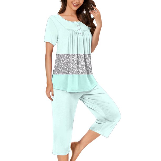 Sexy Pijama Conjunto para las Mujeres, Cuello Redondo Blusa de Manga Corta Y Pantalones, Traje de Moda Casual