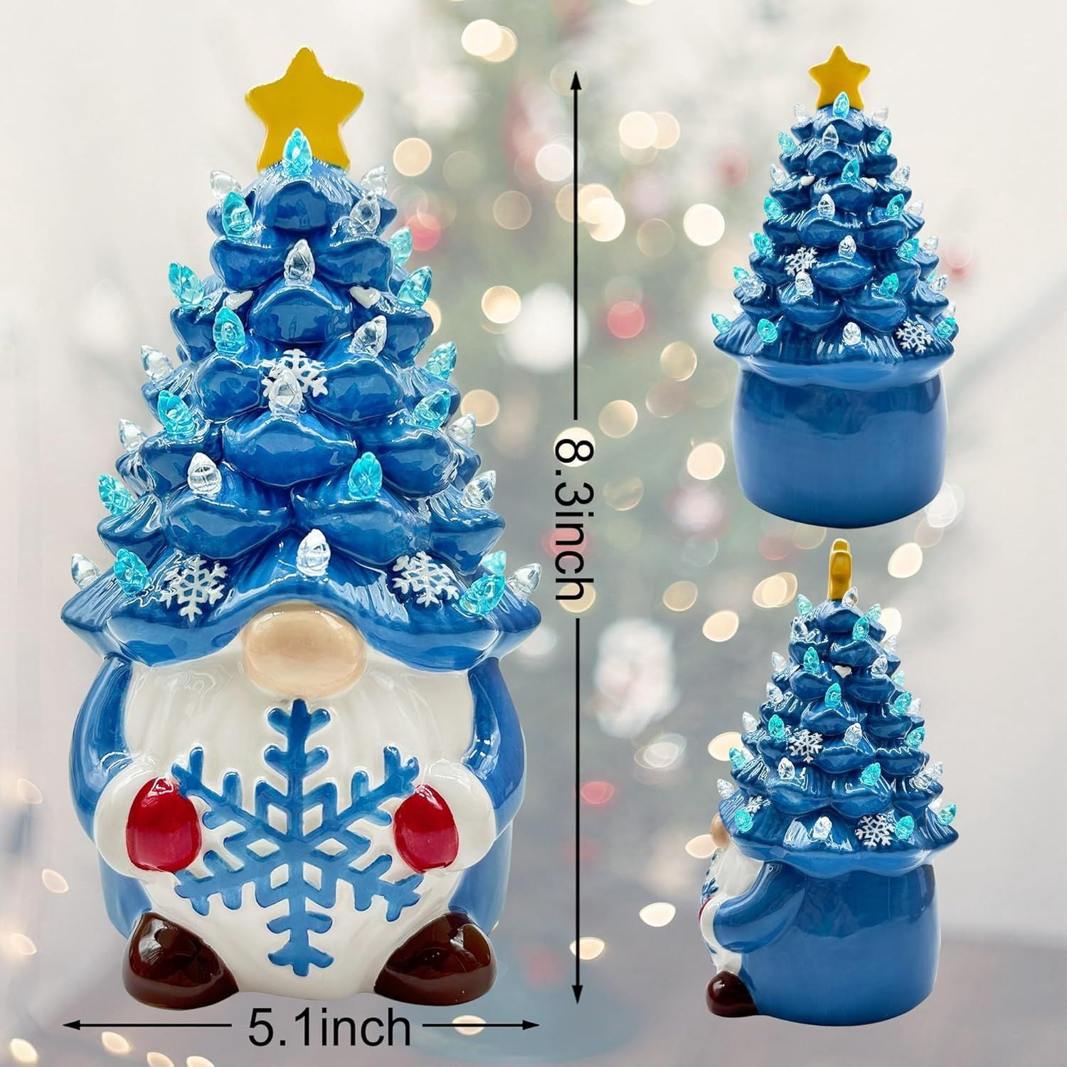 Christmas Gnome Christmas Tree, 8In Mini Ceramic Lighted Christmas Tree, Small Mini Prelit Xmas Holiday Decor for Tabletop Home Room Table Fireplace Office