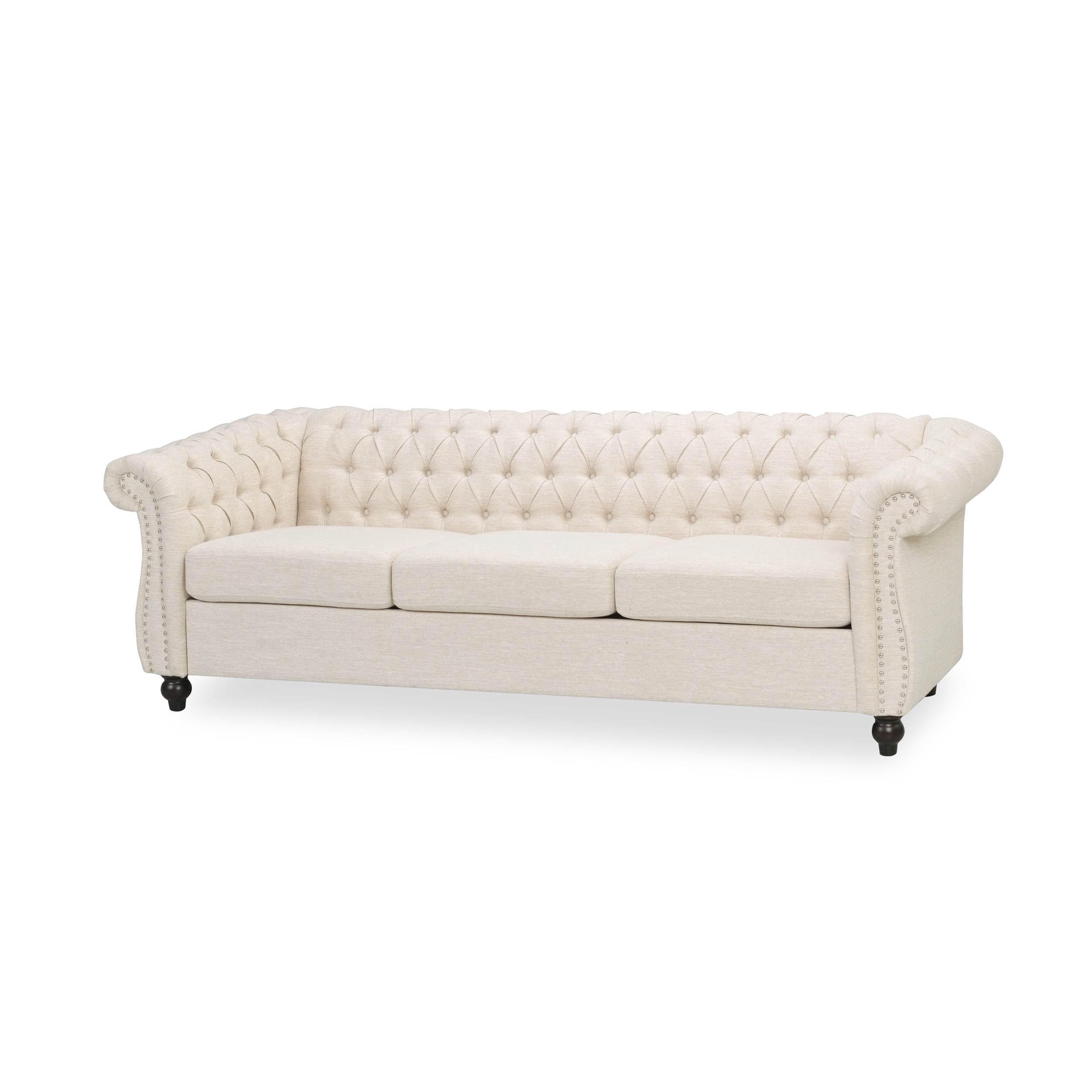 Noble House Augus Fabric Tufted 3 Seater Sofa, Beige, Dark Brown
