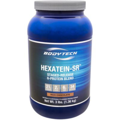 BodyTech Hexatein SR™ (Staged Release)  6 Protein Blend for Muscle Growth  Recovery + EFA's, MCT's  CLA  Rich Chocolate (3 Pound