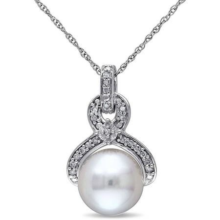 Miabella 9.9-5mm White Round Freshwater Pearl and 1/10 Carat T.W. Diamond 10kt White Gold Fashion Semi-Infinity Pendant, 17