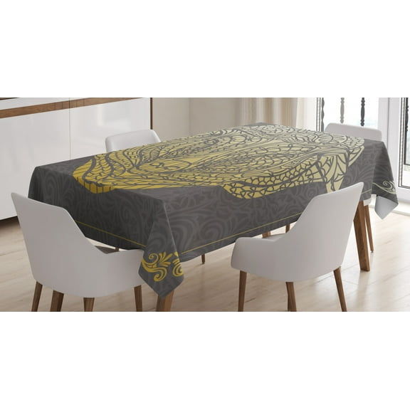 Sheep Tablecloth, Geometric Floral Ornamental Sheep Head Pattern in Gradient Colors, Rectangular Table Cover for Dining Room Kitchen, 52 X 70 Inches, Earth Yellow Eggshell Grey, by Ambesonne