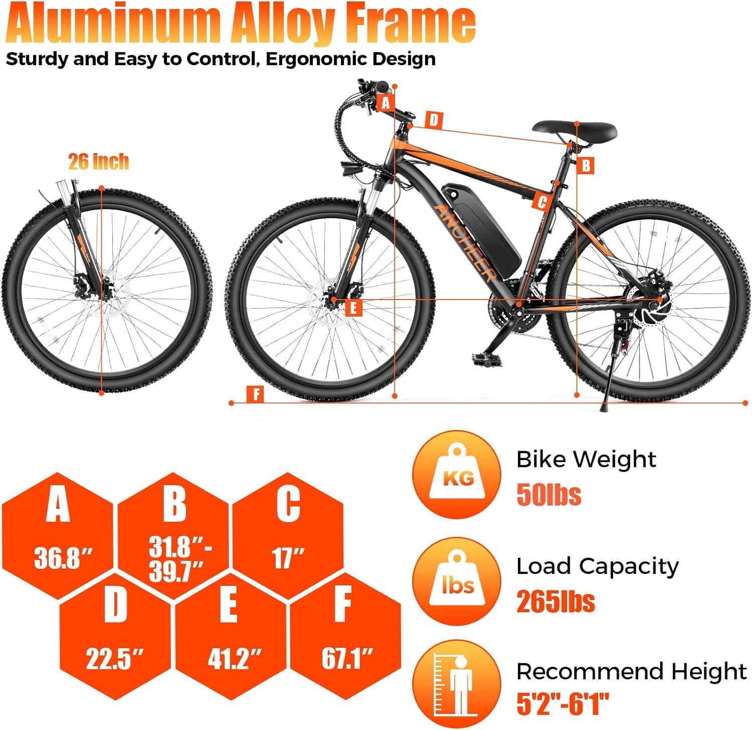 ANCHEER Electric Bike ,26" Electric Bike for Adults Electric Bicycles, 500W Electric Mountain Bike, 48V Commuter Ebike 48V Battery Ebike UL 2849, Lockable Suspension Fork, Shimano 21 Speed