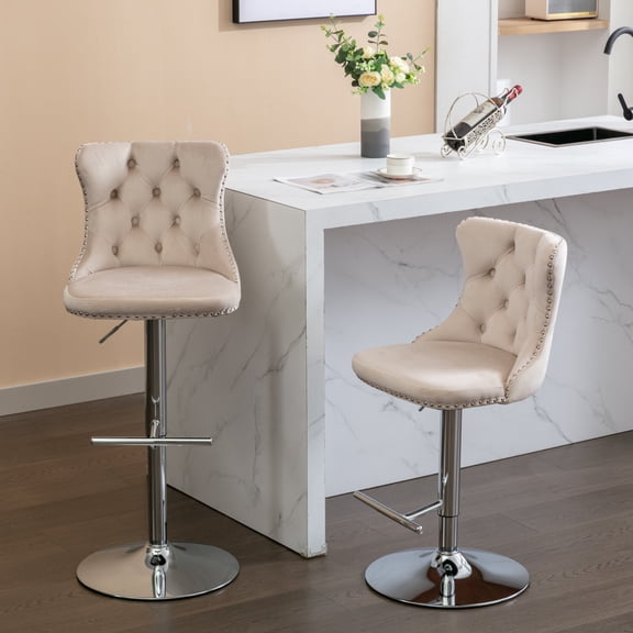 Beige Velvet Bar Stools Set of 2 - Adjustable Height 25-33" Kitchen Island Stools, Swivel, Chrome Base, Tufted Backs, Modern Design for Home Pub