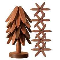 Christmas Decorations - 9'' Natural Wood Tree Trivet Set, Christmas Tree Trivet Set, 3/4/5 Wooden Trivets & 1 Stand Like a Christmas Tree, for Hot Dish, Pot, Bowl, Teapot, Hot Pot Set