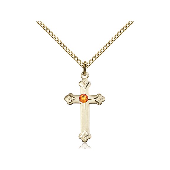Gold Filled Cross Pendant with 3mm November Yellow Swarovski Crystal 3/4 x 1/2 inches with Gold Filled Lite Curb Chain