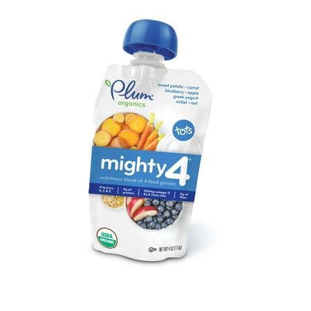 Plum Organics Tots Mighty 4 Sweet Potato, Blueberry, Millet & Greek Yogurt Essential Nutrition Blend, 4 oz, (Pack of 6)